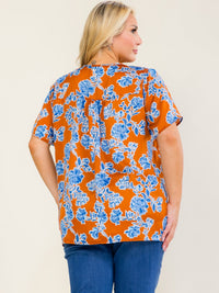 ENTRO PLUS SIZE SHORT SLEEVE V-NECK FLORAL PRINT HIGH-LOW BLOUSE