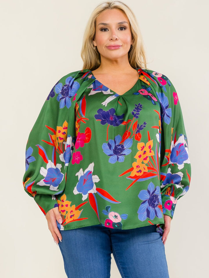 ENTRO PLUS SIZE LONG SLEEVE V-NECK FLORAL PRINT BLOUSE