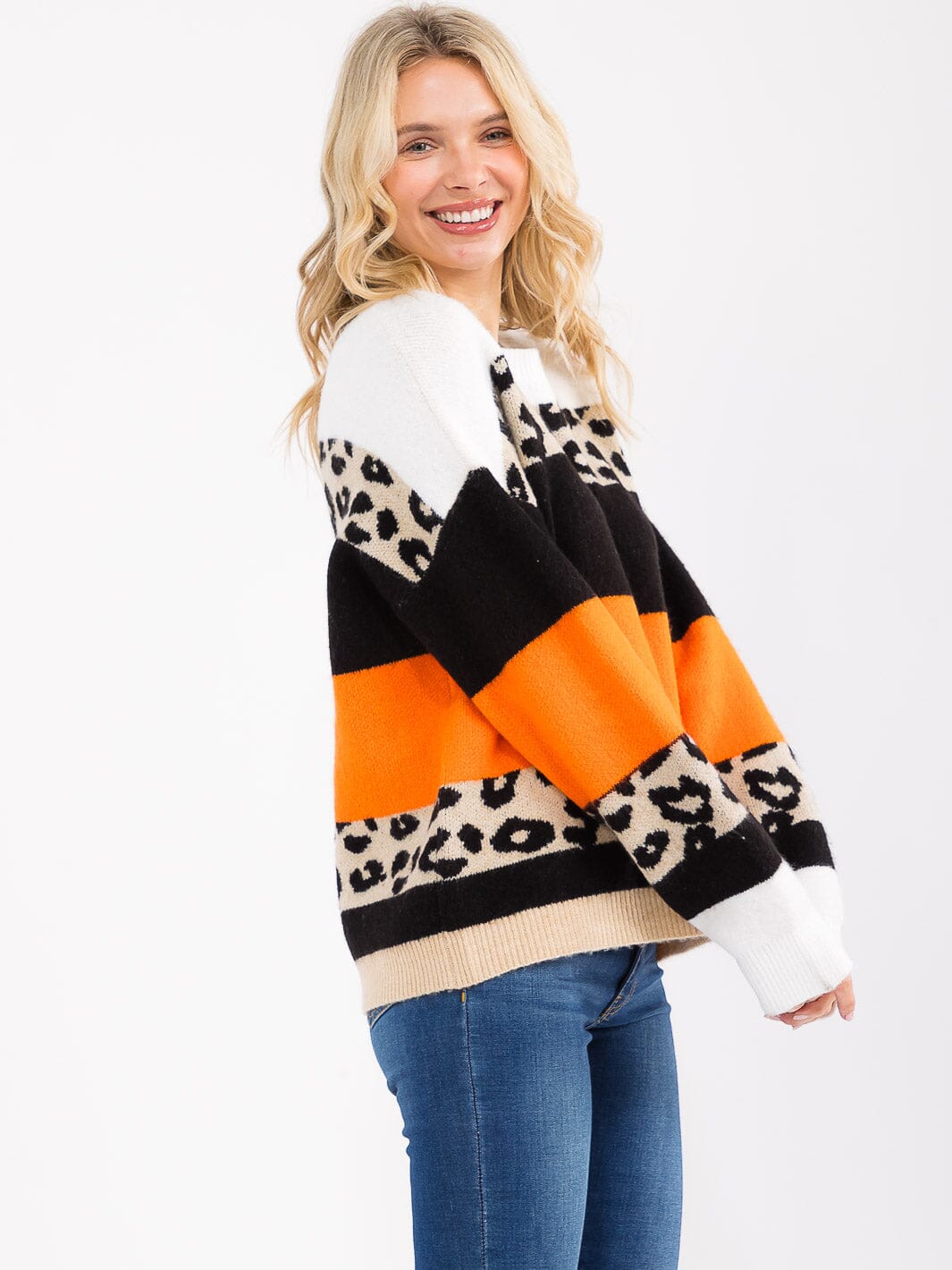 WOMEN'S LONG SLEEVE COLORBLOCK ANIMAL PRINT PULLOVER SWEATER