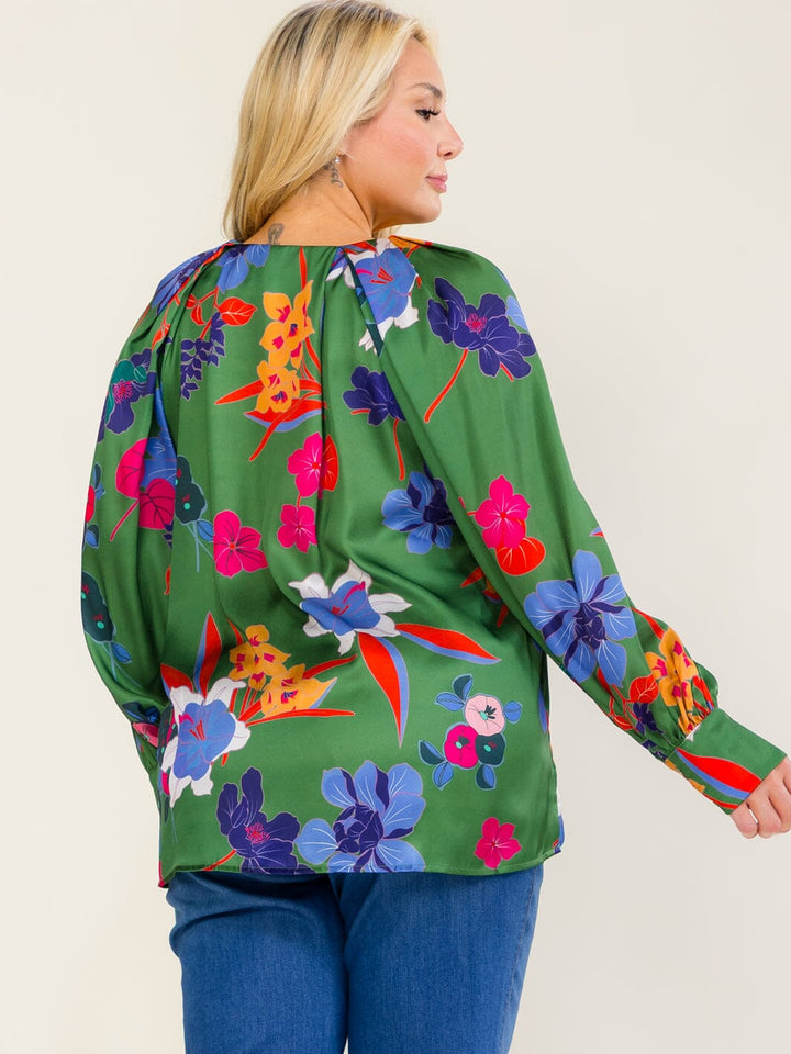 ENTRO PLUS SIZE LONG SLEEVE V-NECK FLORAL PRINT BLOUSE