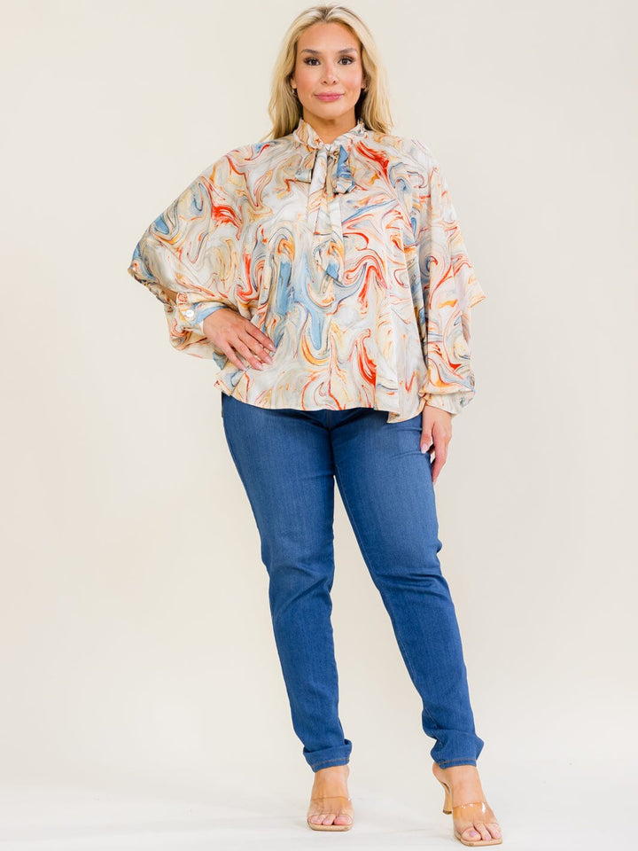 ENTRO PLUS SIZE LONG SLEEVE COLD SHOULDER V-NECK MULTI PRINT BLOUSE