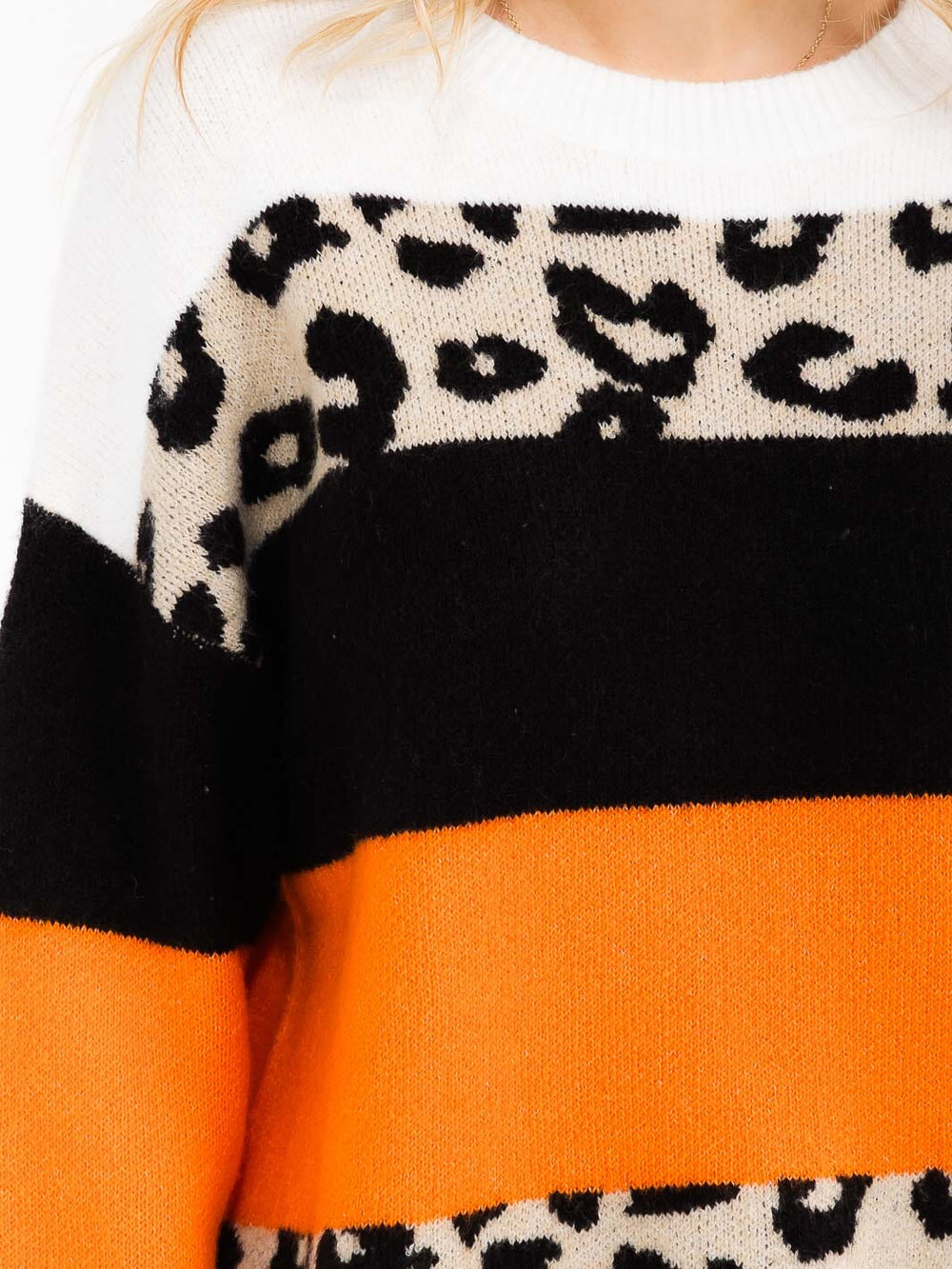 WOMEN'S LONG SLEEVE COLORBLOCK ANIMAL PRINT PULLOVER SWEATER