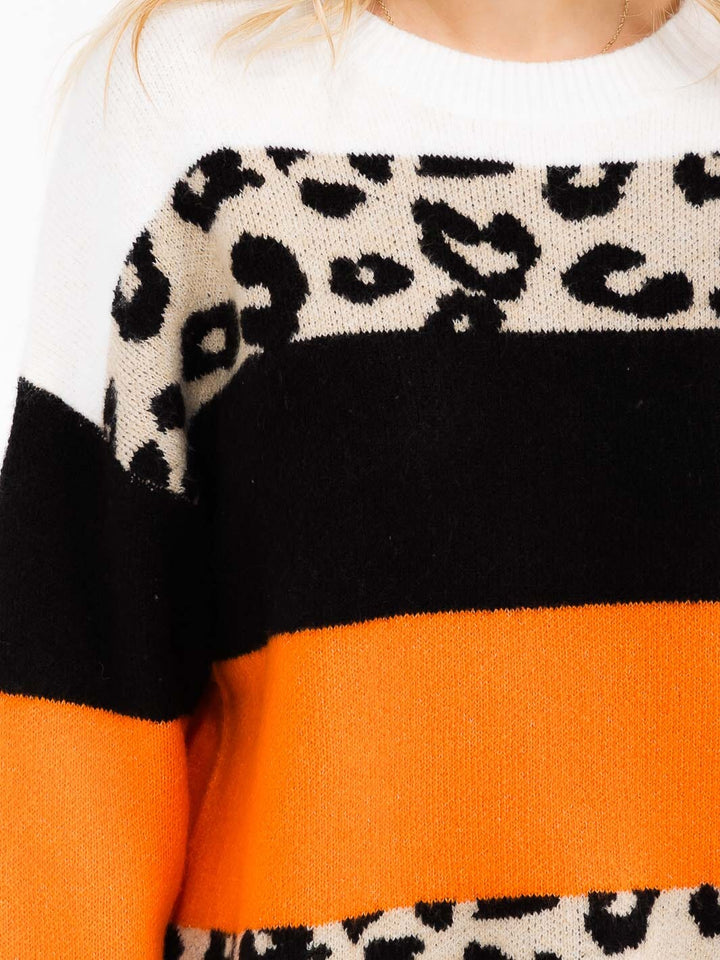 WOMEN'S LONG SLEEVE COLORBLOCK ANIMAL PRINT PULLOVER SWEATER