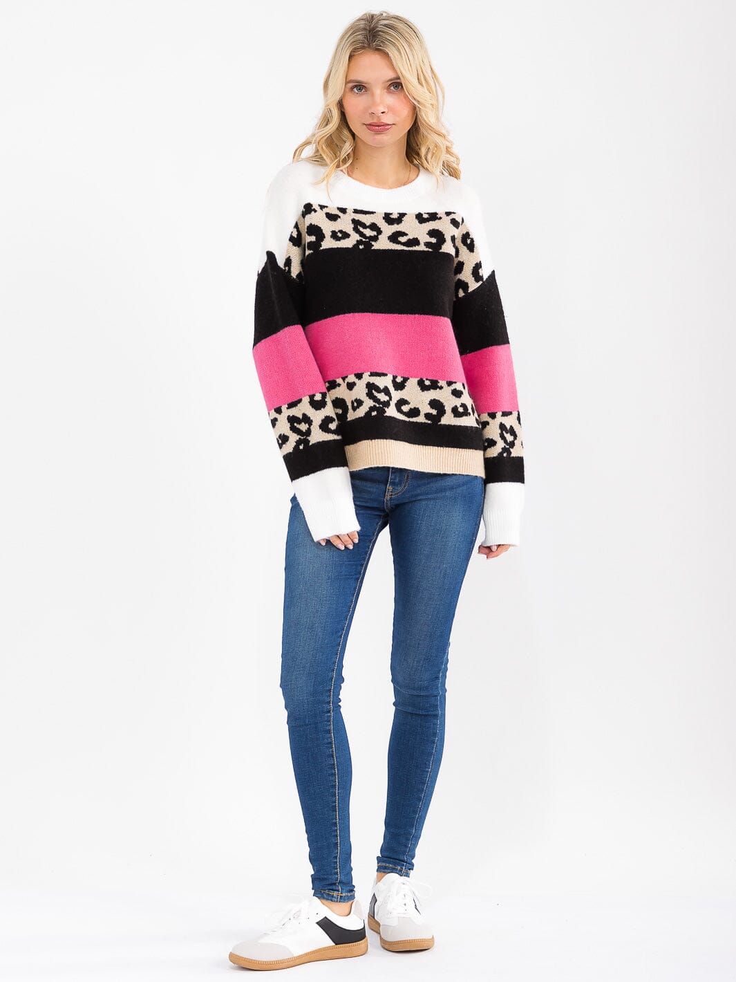 WOMEN'S LONG SLEEVE COLORBLOCK ANIMAL PRINT PULLOVER SWEATER