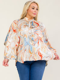 ENTRO PLUS SIZE LONG SLEEVE COLD SHOULDER V-NECK MULTI PRINT BLOUSE
