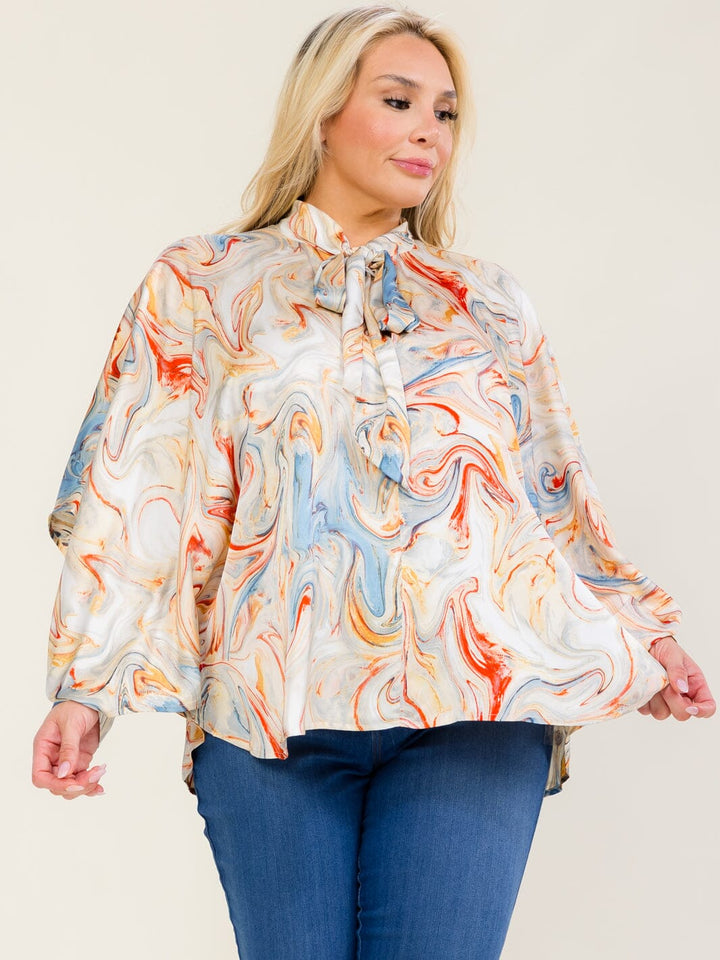 ENTRO PLUS SIZE LONG SLEEVE COLD SHOULDER V-NECK MULTI PRINT BLOUSE