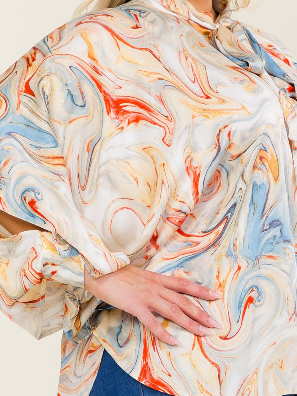 ENTRO PLUS SIZE LONG SLEEVE COLD SHOULDER V-NECK MULTI PRINT BLOUSE