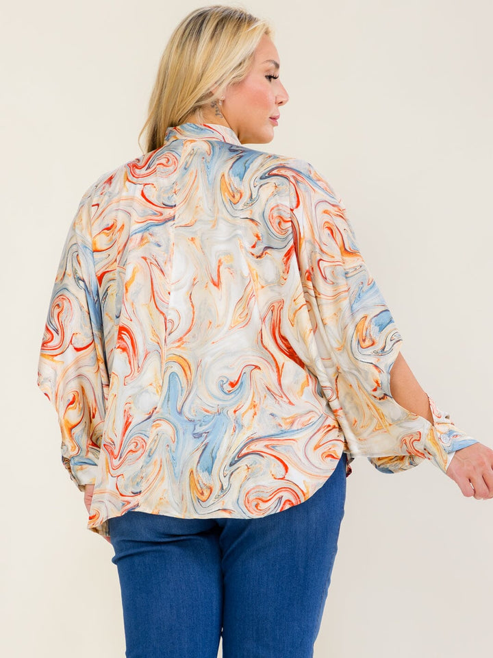 ENTRO PLUS SIZE LONG SLEEVE COLD SHOULDER V-NECK MULTI PRINT BLOUSE