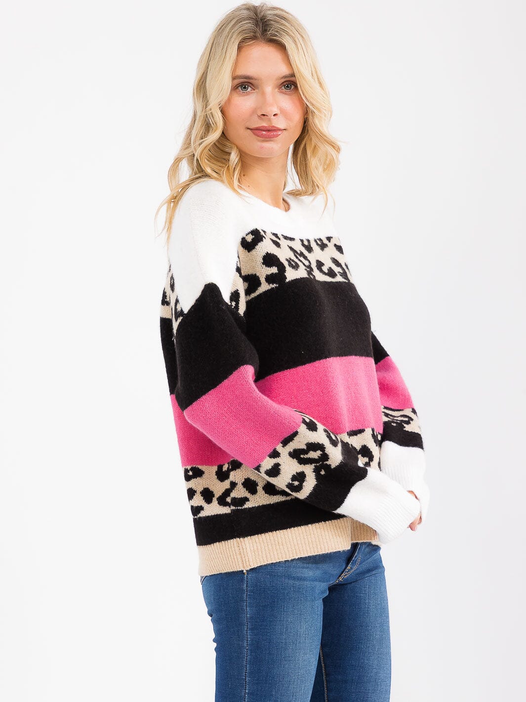 WOMEN'S LONG SLEEVE COLORBLOCK ANIMAL PRINT PULLOVER SWEATER