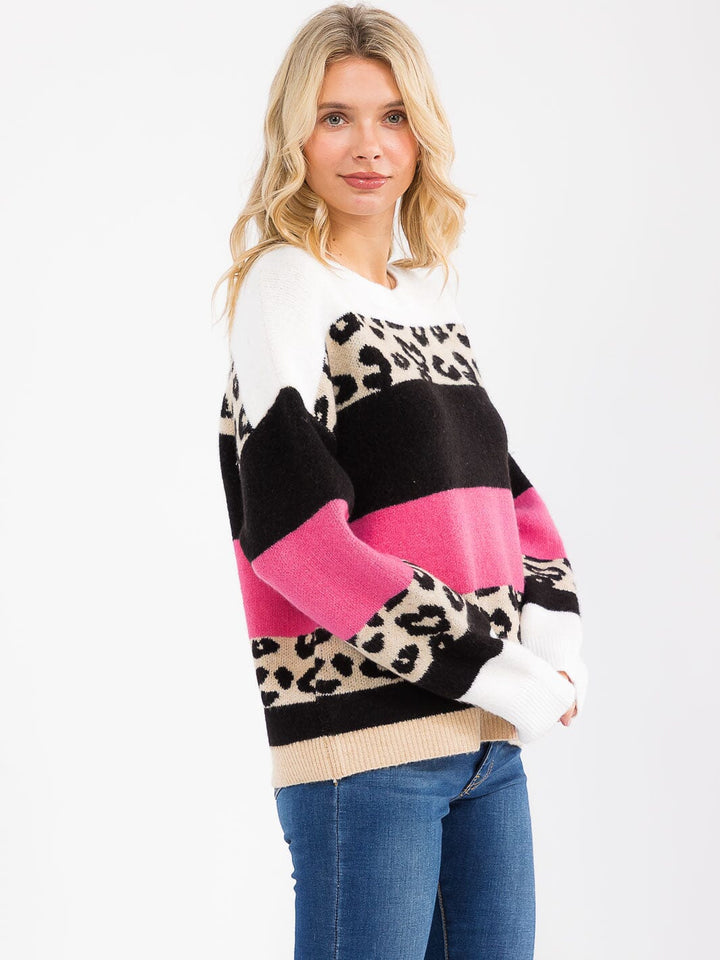 WOMEN'S LONG SLEEVE COLORBLOCK ANIMAL PRINT PULLOVER SWEATER