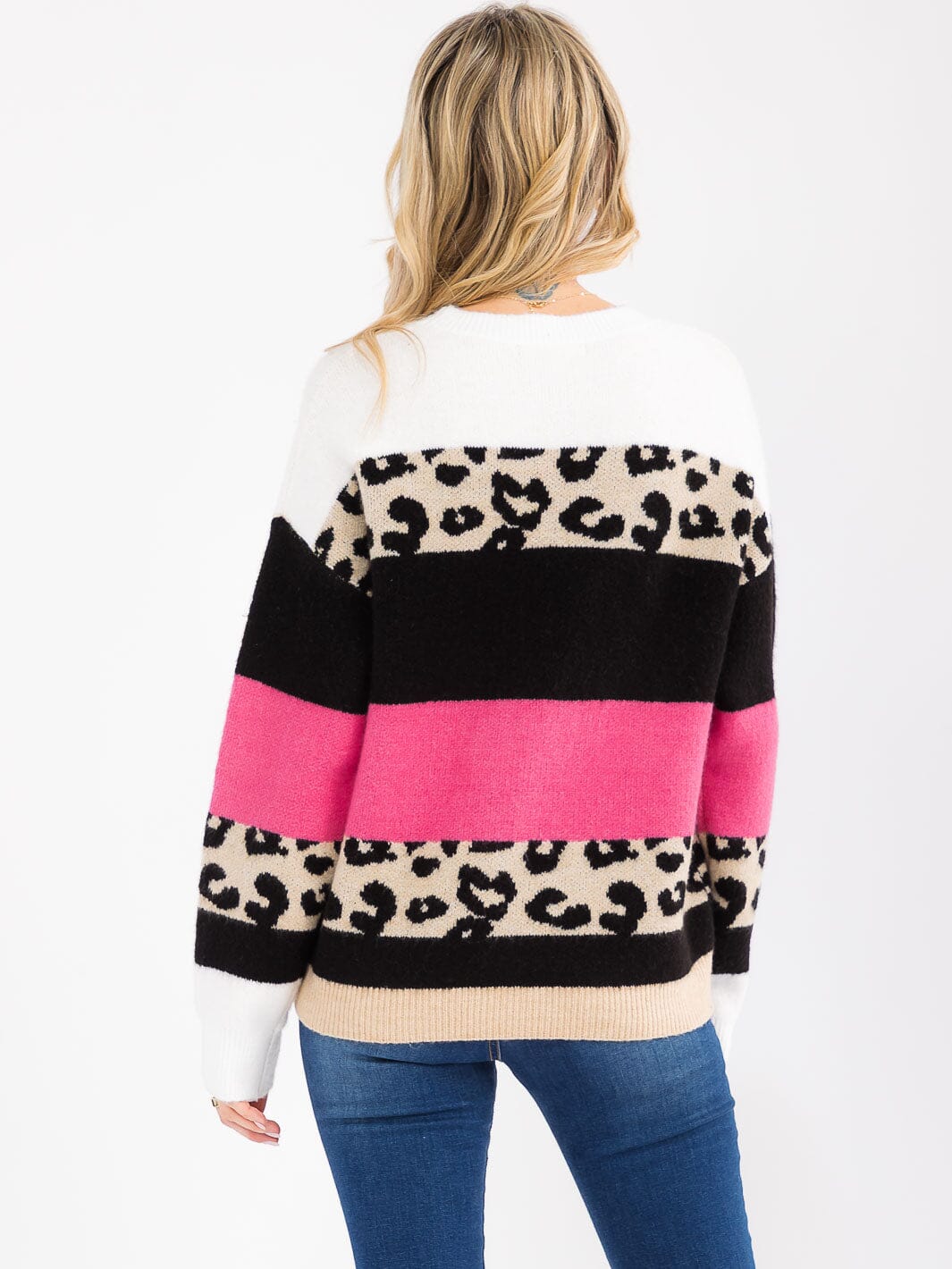 WOMEN'S LONG SLEEVE COLORBLOCK ANIMAL PRINT PULLOVER SWEATER