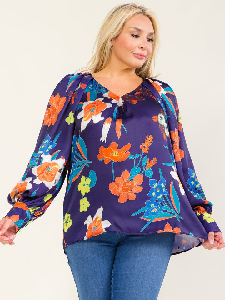 ENTRO PLUS SIZE LONG SLEEVE V-NECK FLORAL PRINT BLOUSE