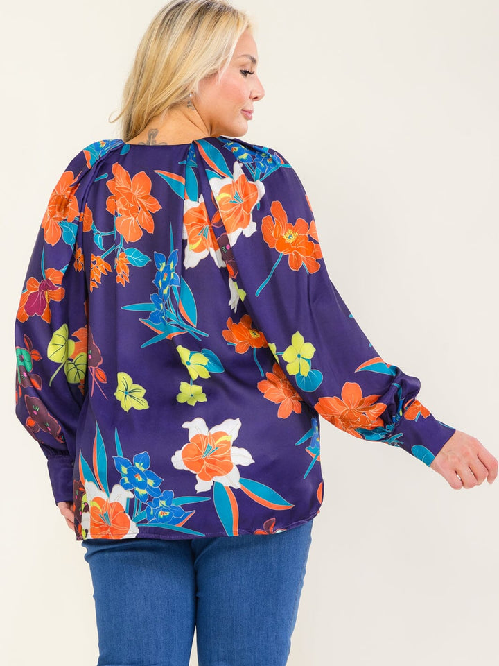 ENTRO PLUS SIZE LONG SLEEVE V-NECK FLORAL PRINT BLOUSE