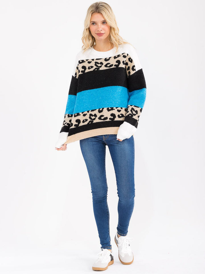 WOMEN'S LONG SLEEVE COLORBLOCK ANIMAL PRINT PULLOVER SWEATER