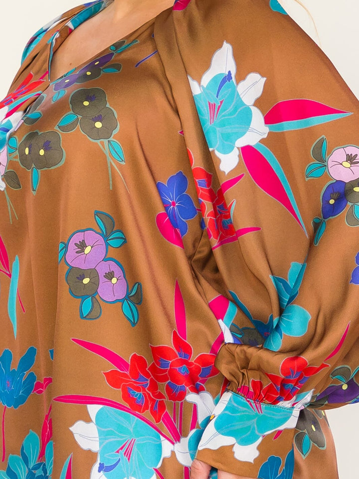 ENTRO PLUS SIZE LONG SLEEVE V-NECK FLORAL PRINT BLOUSE