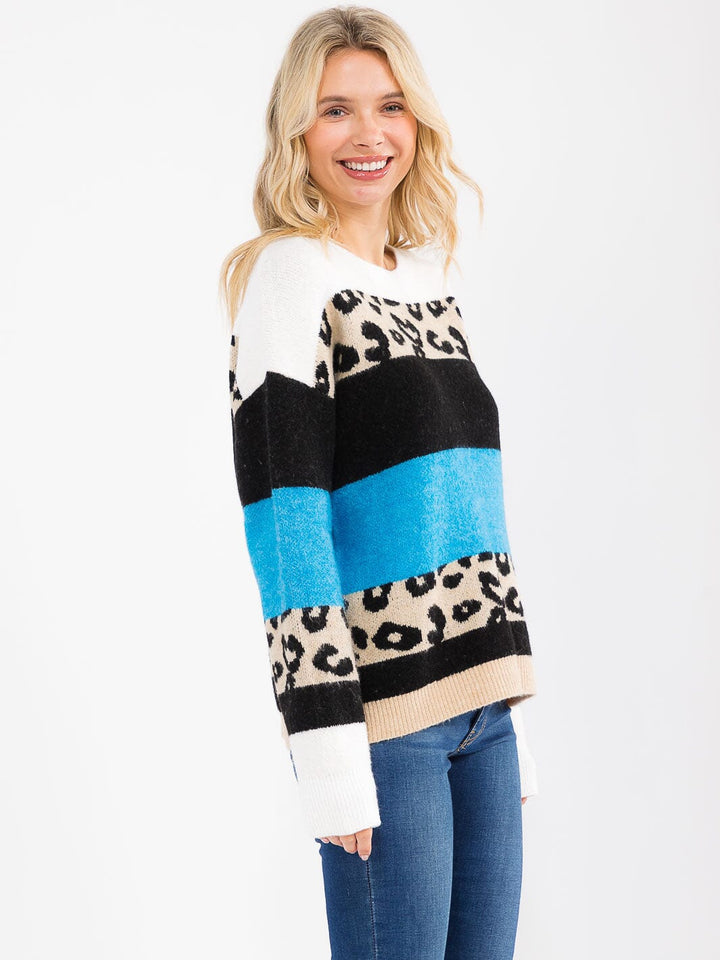 WOMEN'S LONG SLEEVE COLORBLOCK ANIMAL PRINT PULLOVER SWEATER