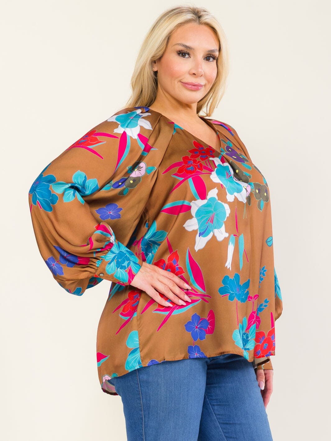 ENTRO PLUS SIZE LONG SLEEVE V-NECK FLORAL PRINT BLOUSE