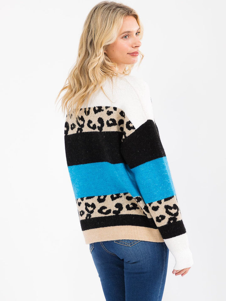 WOMEN'S LONG SLEEVE COLORBLOCK ANIMAL PRINT PULLOVER SWEATER