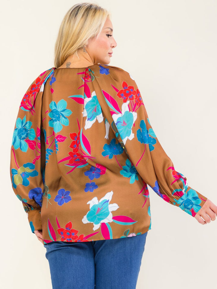 ENTRO PLUS SIZE LONG SLEEVE V-NECK FLORAL PRINT BLOUSE