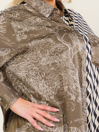 ENTRO PLUS SIZE LONG SLEEVE BUTTON UP FRONT POCKET HIGH-LOW MULTI PRINT BLOUSE