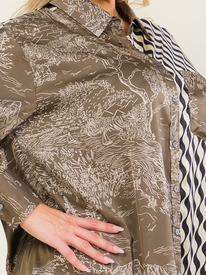 ENTRO PLUS SIZE LONG SLEEVE BUTTON UP FRONT POCKET HIGH-LOW MULTI PRINT BLOUSE