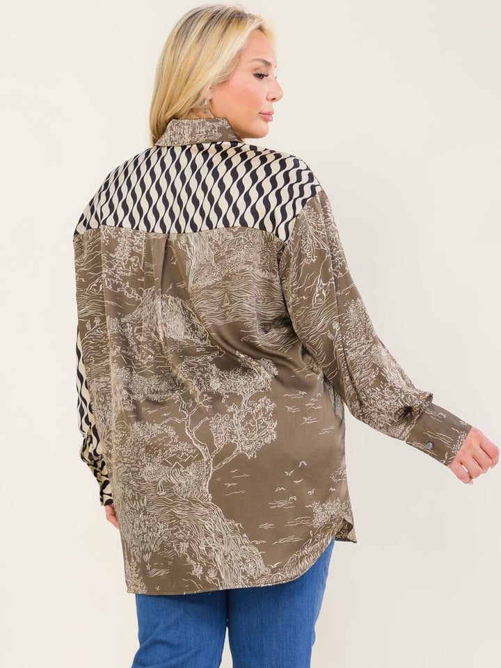 ENTRO PLUS SIZE LONG SLEEVE BUTTON UP FRONT POCKET HIGH-LOW MULTI PRINT BLOUSE