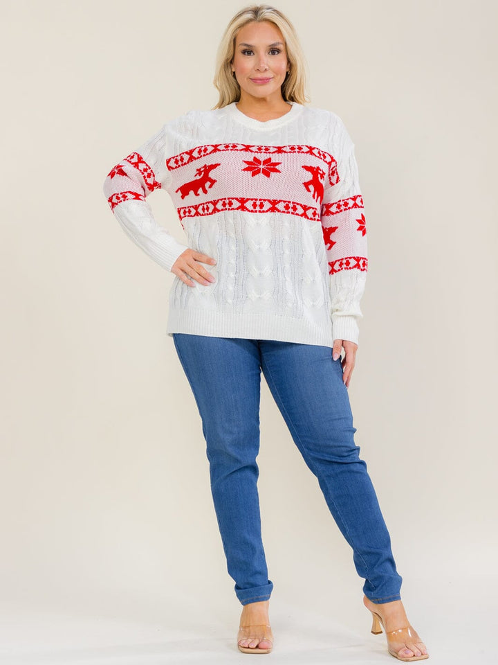PLUS SIZE LONG SLEEVE KNIT HOLIDAY COLORBLOCK PULLOVER SWEATER