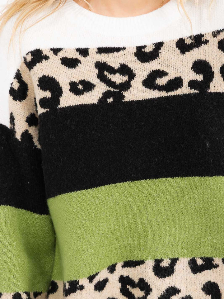 WOMEN'S LONG SLEEVE COLORBLOCK ANIMAL PRINT PULLOVER SWEATER