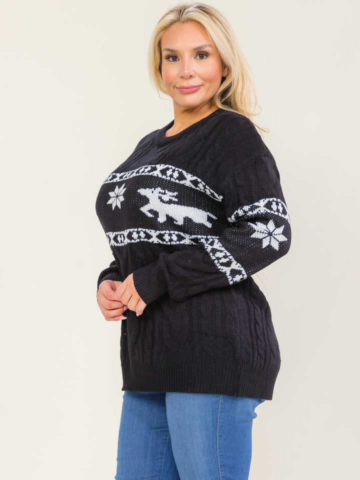 PLUS SIZE LONG SLEEVE KNIT HOLIDAY COLORBLOCK PULLOVER SWEATER