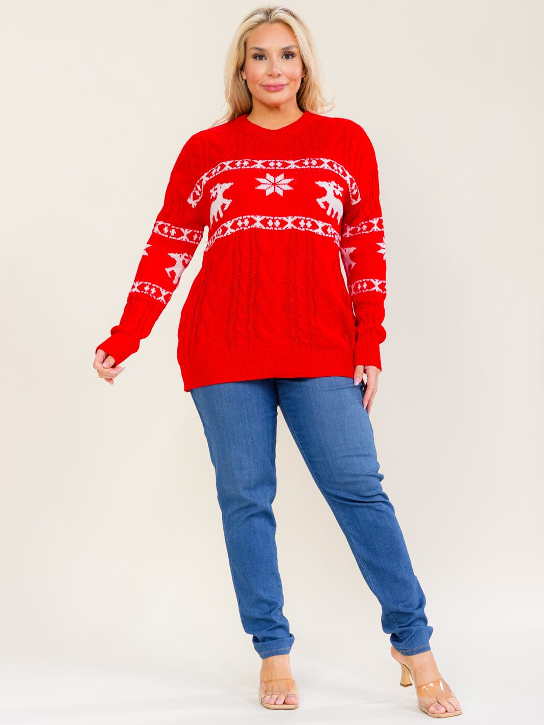 PLUS SIZE LONG SLEEVE KNIT HOLIDAY COLORBLOCK PULLOVER SWEATER