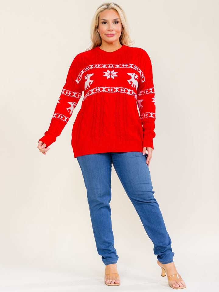 PLUS SIZE LONG SLEEVE KNIT HOLIDAY COLORBLOCK PULLOVER SWEATER