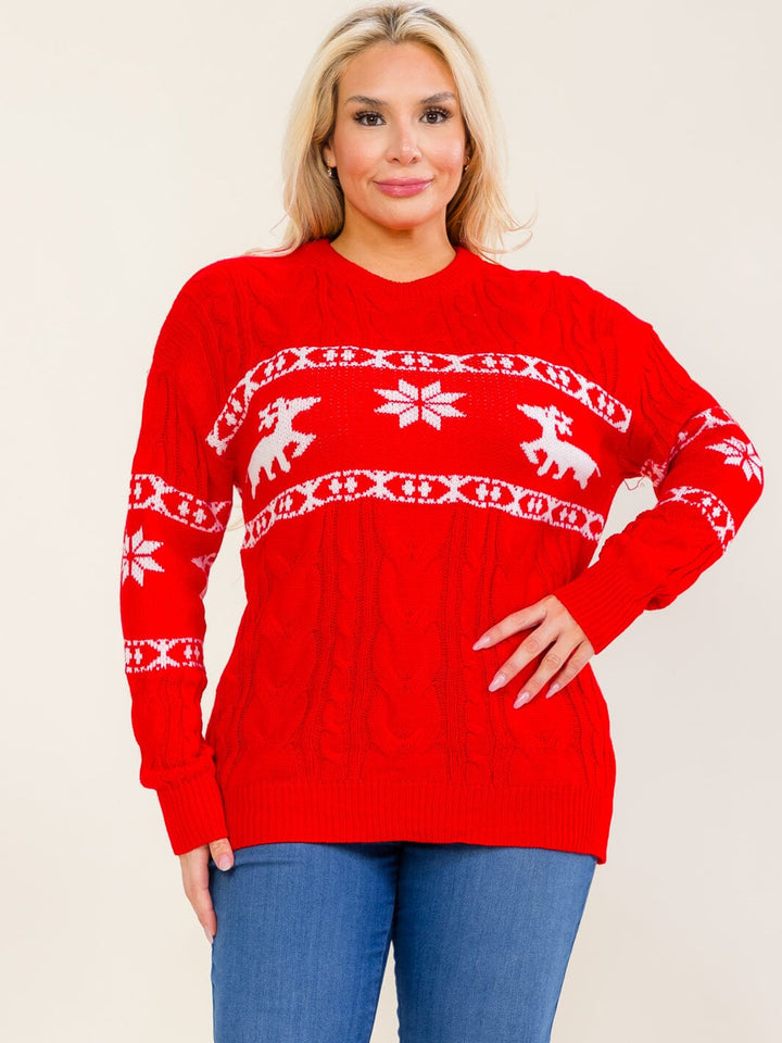PLUS SIZE LONG SLEEVE KNIT HOLIDAY COLORBLOCK PULLOVER SWEATER