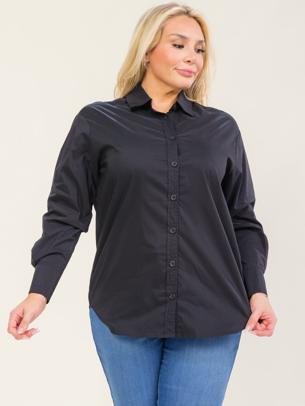 ENTRO PLUS SIZE LONG SLEEVE BUTTON UP HIGH-LOW SOLID SHIRT