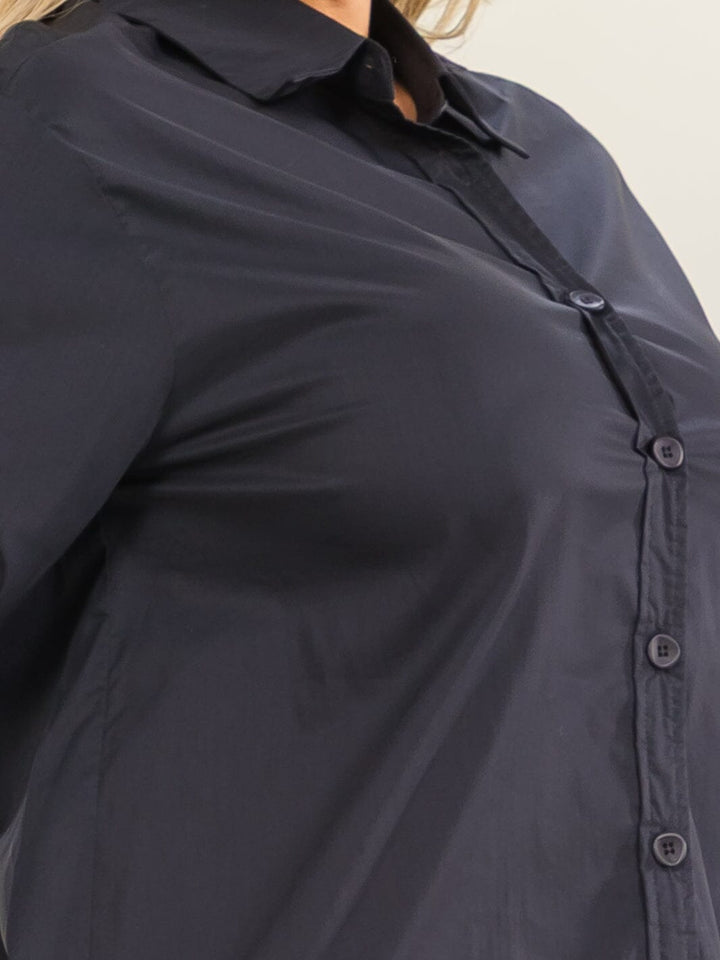ENTRO PLUS SIZE LONG SLEEVE BUTTON UP HIGH-LOW SOLID SHIRT