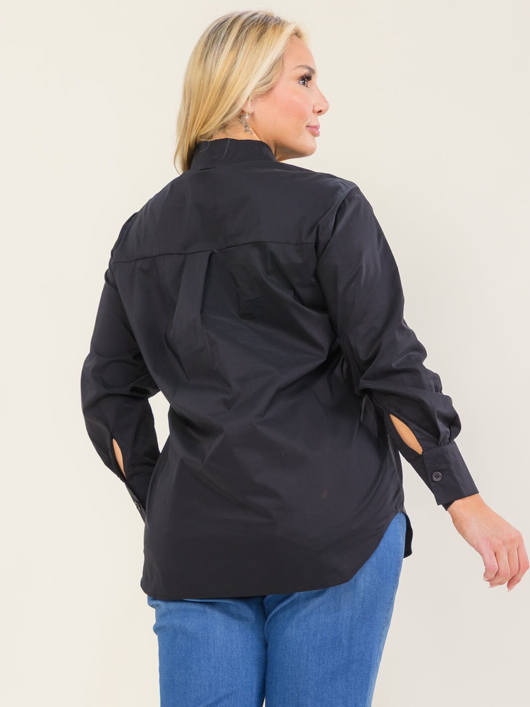ENTRO PLUS SIZE LONG SLEEVE BUTTON UP HIGH-LOW SOLID SHIRT