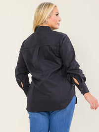 ENTRO PLUS SIZE LONG SLEEVE BUTTON UP HIGH-LOW SOLID SHIRT