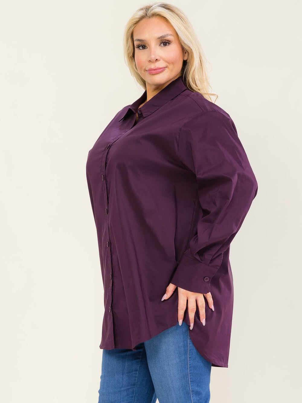 ENTRO PLUS SIZE LONG SLEEVE BUTTON UP HIGH-LOW SOLID SHIRT
