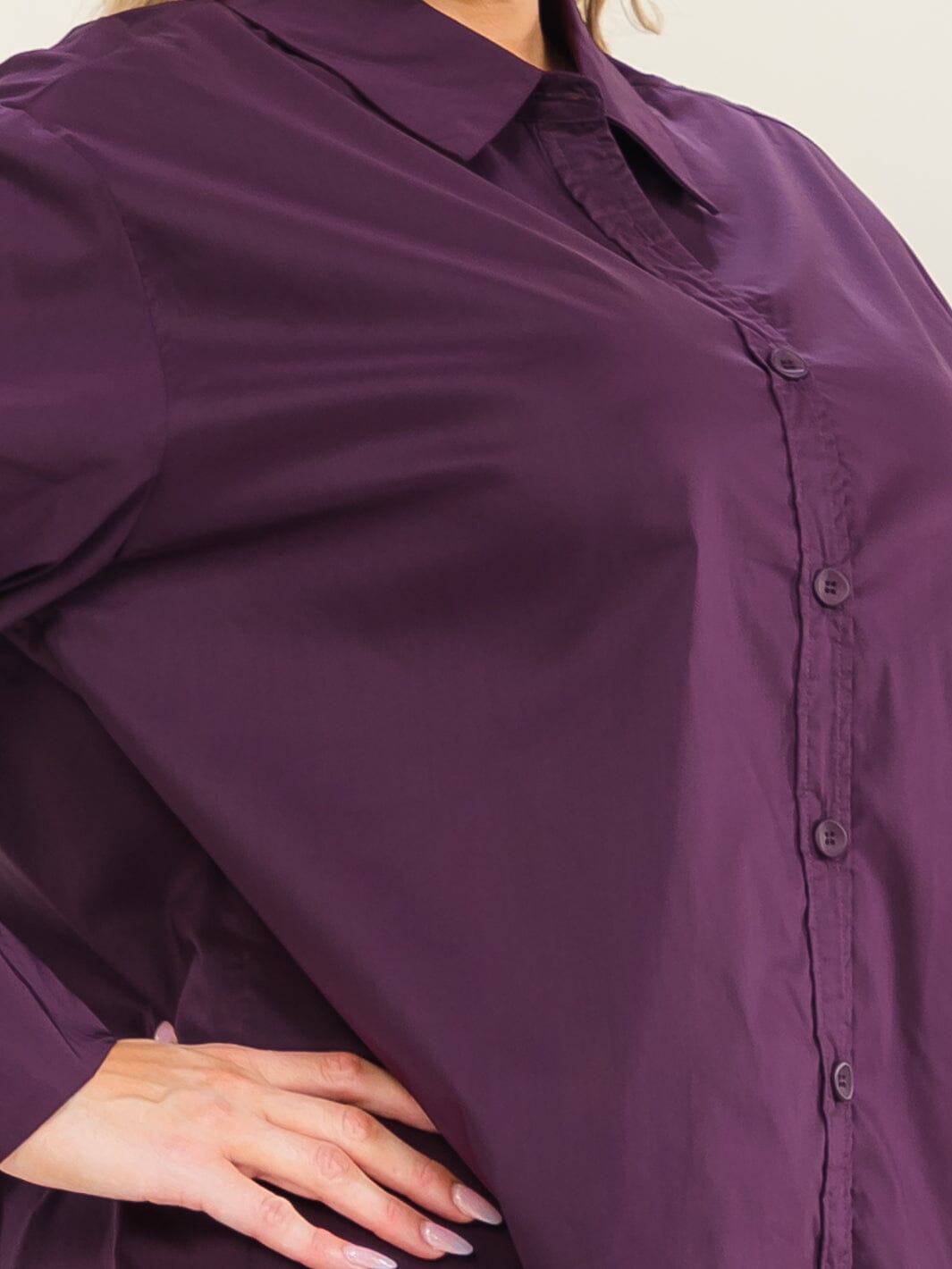 ENTRO PLUS SIZE LONG SLEEVE BUTTON UP HIGH-LOW SOLID SHIRT