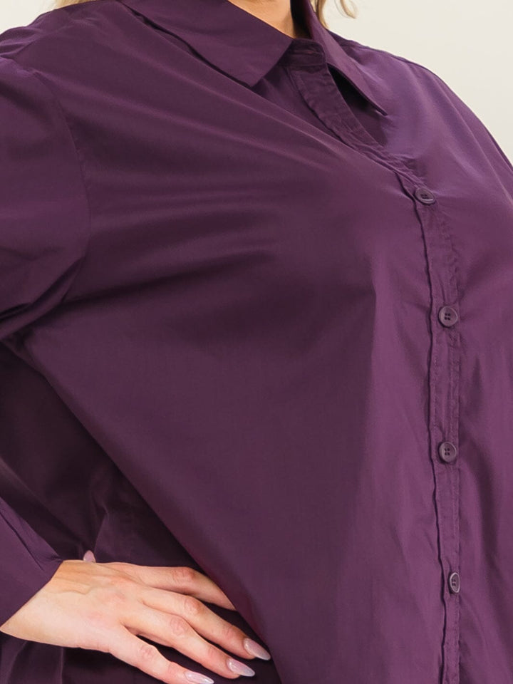 ENTRO PLUS SIZE LONG SLEEVE BUTTON UP HIGH-LOW SOLID SHIRT