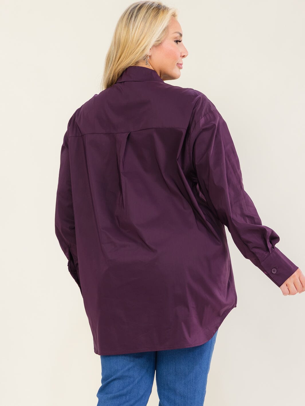 ENTRO PLUS SIZE LONG SLEEVE BUTTON UP HIGH-LOW SOLID SHIRT