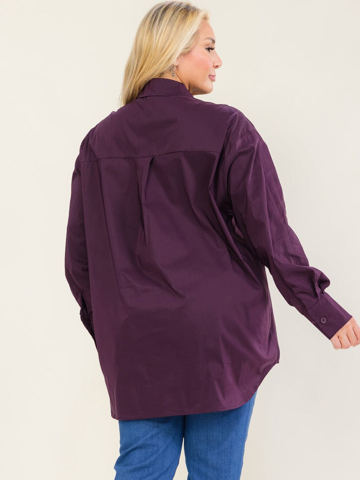 ENTRO PLUS SIZE LONG SLEEVE BUTTON UP HIGH-LOW SOLID SHIRT