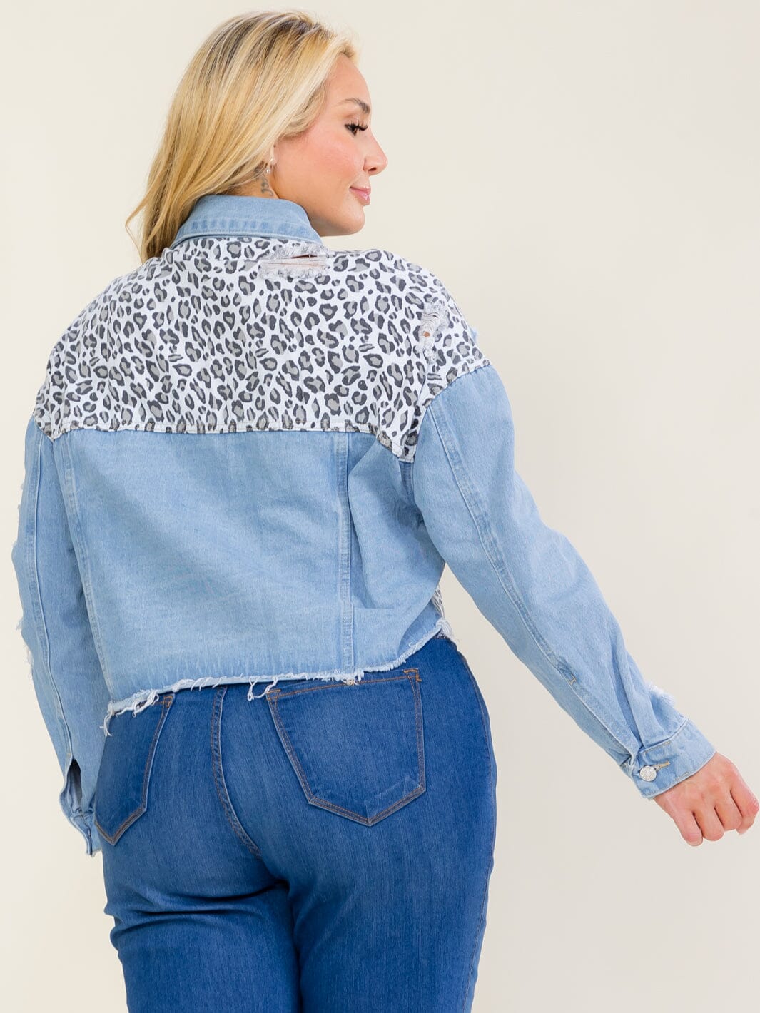 PLUS SIZE LONG SLEEVE BUTTON UP FRONT POCKET DISTRESS ANIMAL DENIM CONTRAST JACKET