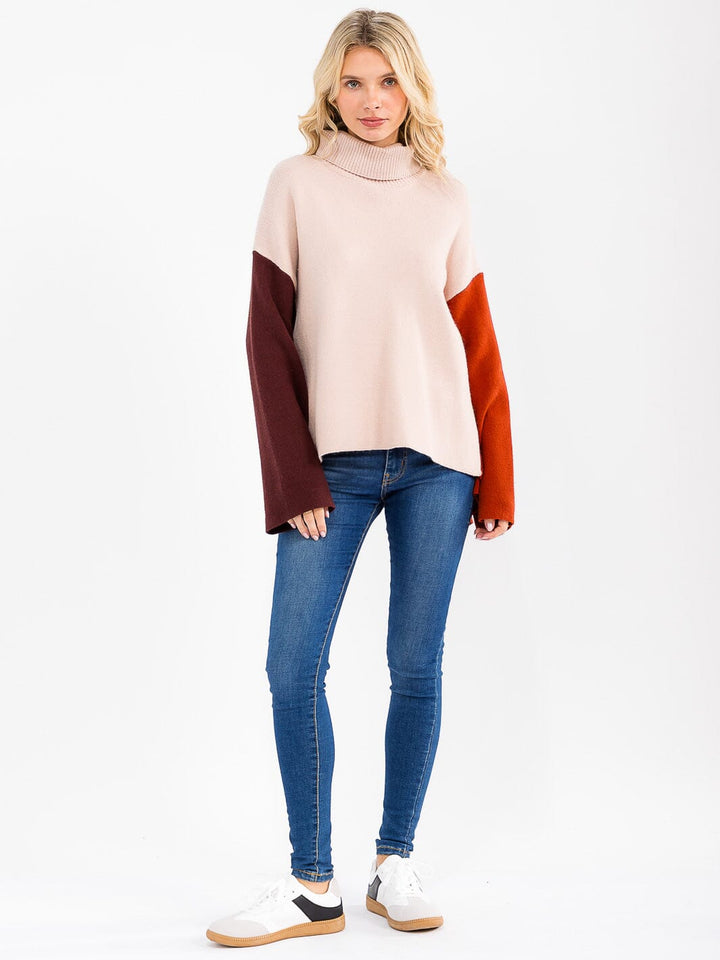 WOMEN'S LONG SLEEVE TURTLE NECK COLORBLOCK OPEN BACK PULLOVER SWEATER