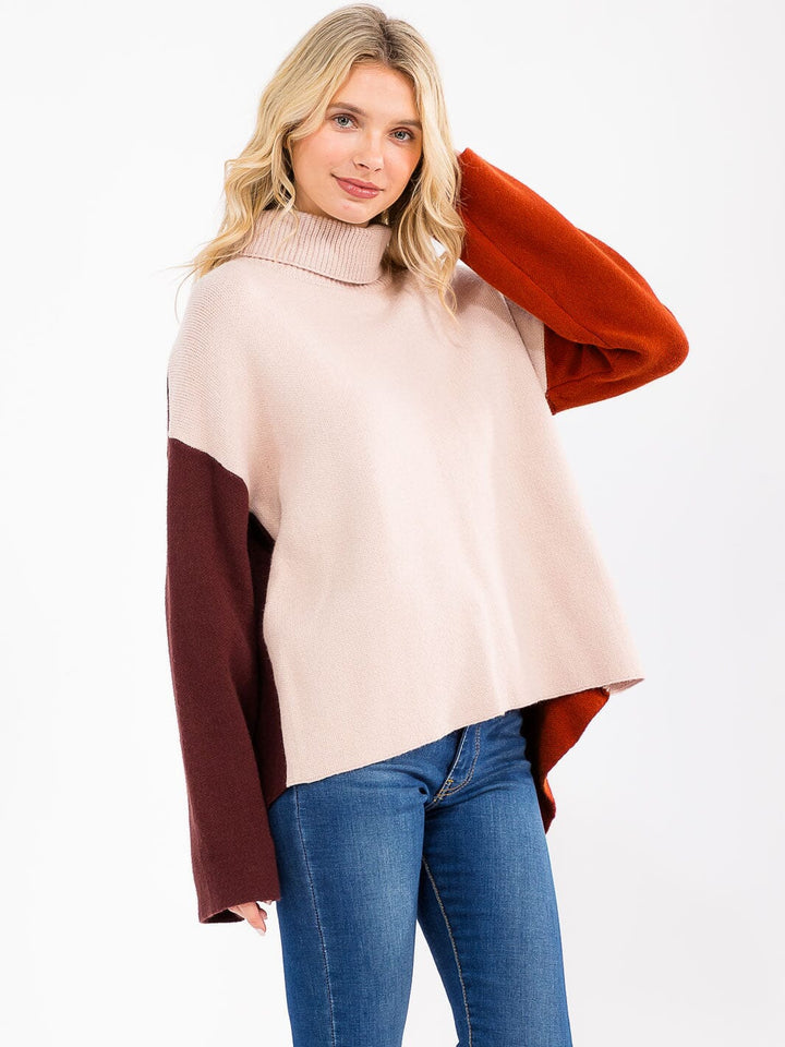WOMEN'S LONG SLEEVE TURTLE NECK COLORBLOCK OPEN BACK PULLOVER SWEATER