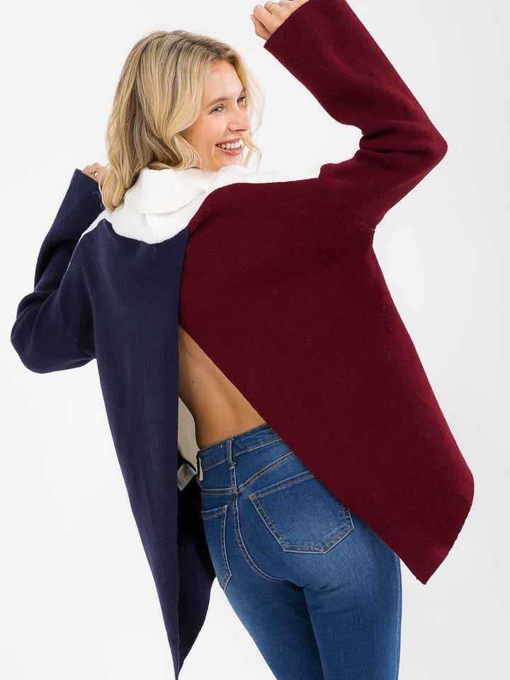 WOMEN'S LONG SLEEVE TURTLE NECK COLORBLOCK OPEN BACK PULLOVER SWEATER