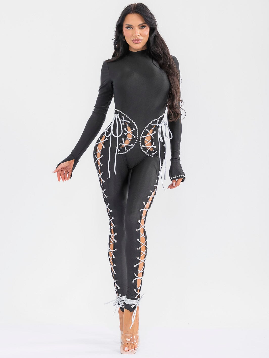 WOMEN'S LONG SLEEVE LACE UP JUMPSUIT