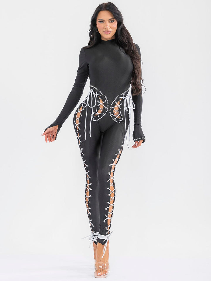 WOMEN'S LONG SLEEVE LACE UP JUMPSUIT
