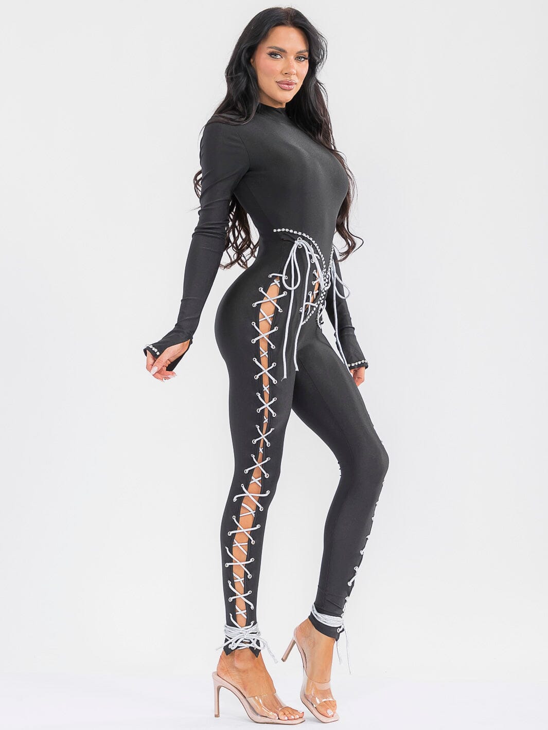 WOMEN'S LONG SLEEVE LACE UP JUMPSUIT