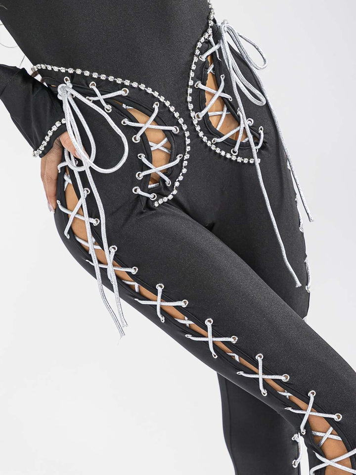 WOMEN'S LONG SLEEVE LACE UP JUMPSUIT