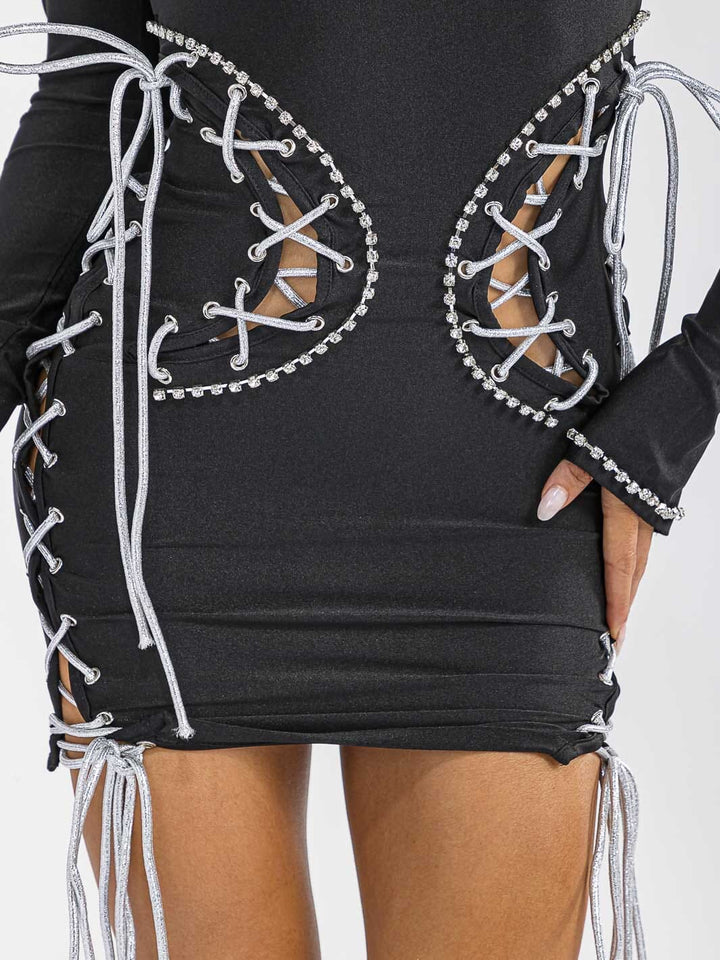 WOMEN'S LONG SLEEVE LACE UP BODYCON MINI DRESS